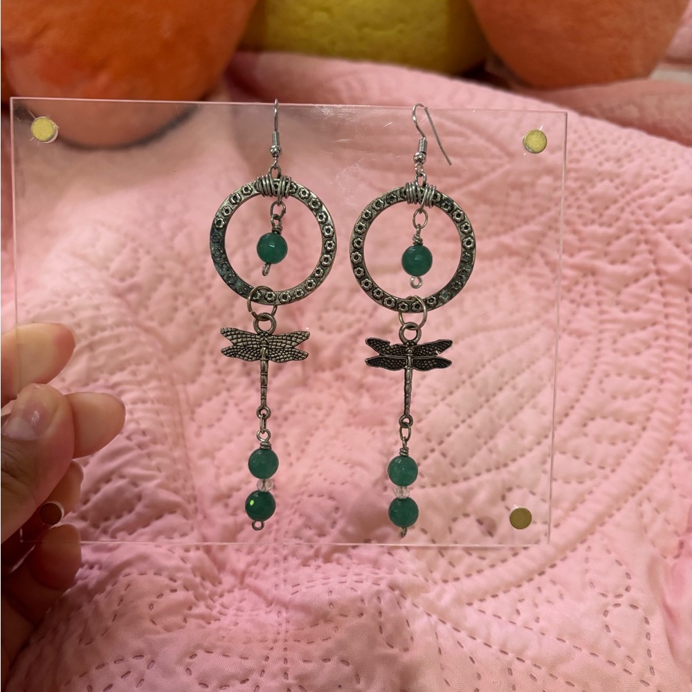 Chic Silver Earrings with Green Accents